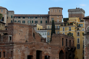 Fototapeta premium Building facade with windows, on blue sky, Rome, Italy