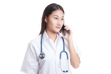 Asian young doctor woman with stethoscope use mobile phone.