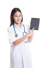 Asian young female doctor touch screen on tablet pc.