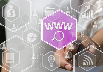 A businesswoman pushes a button icon WWW online searches on the touch screen in the web network.