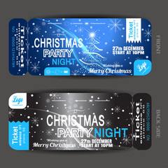 Vector Christmas night party ticket on the dark blue and gray gradient background with Christmas tree, snowflakes, wave and snowfall.