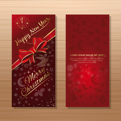 Christmas flyers template - front and back. Red background with Christmas angel, clock, Christmas decorative elements and greeting inscription - Merry Christmas and Happy New Year. Vector gift card