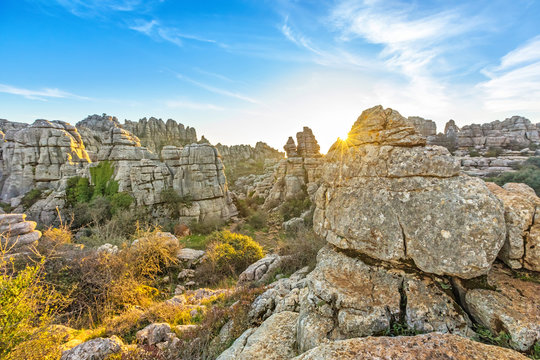 Picturesque rocks on sunset in El Torcal natural park