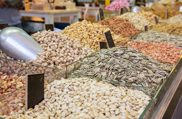 Counter with sunflower seeds and nuts