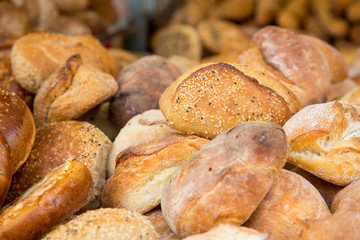 fresh baked buns and loafs on a market