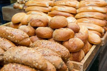 fresh baked buns and loafs on a market