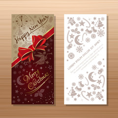 Christmas flyers template - front and back. Festive vector gift card with Christmas angel, antique clock, Christmas decorative elements and greeting inscription - Merry Christmas and Happy New Year