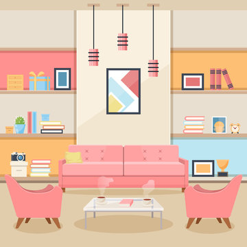 Living room with furniture. Cozy interior. Flat style vector