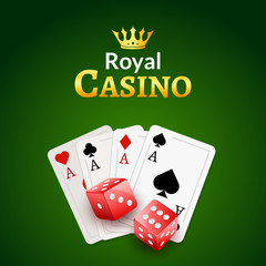 Casino poster design template. Dice and poker cards background. Gambling illustration