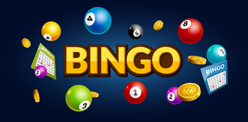 Bingo lottery poster. Balls numbers falling luck concept. Lottery game background