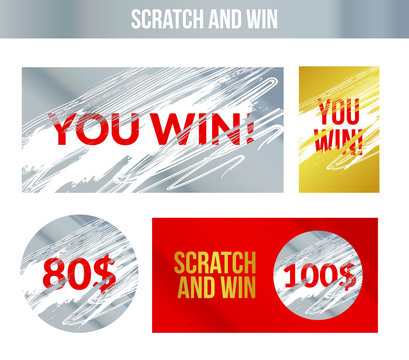 Scratch and win labels. Scratch marks effect. Winner concept lottery