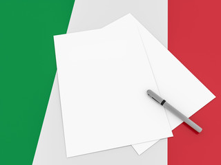 Blank Sheets of Paper Note On Italy Flag, 3d illustration
