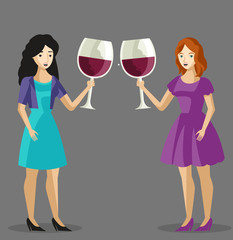 two happy cute girls tasting wine
