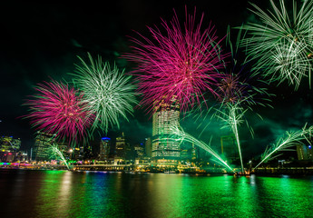 Colorful fireworks over night South Bank, Brisbane