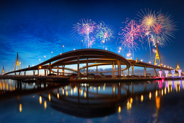 Bhumibol bridge at night with fireworks, Bangkok Thailand