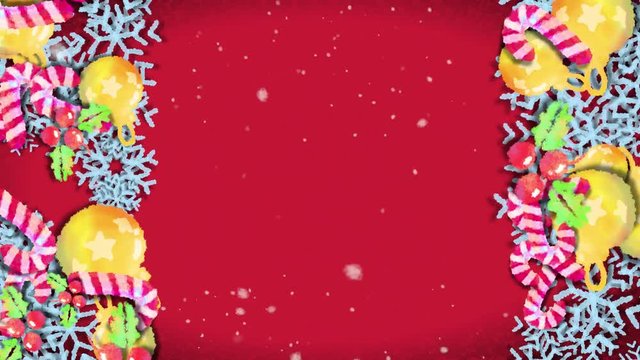 Cartoon Hand Drawn Christmas Frame with Red Background. Snowflakes flying slowly in the air particles effect.