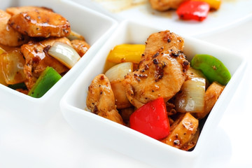 Chicken fried with black pepper.