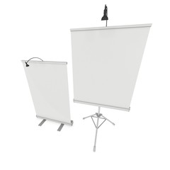 Blank Roll Up Expo Banner Stand Group. Trade show booth white and blank. 3d render illustration isolated on white background. Template mockup for your expo design.