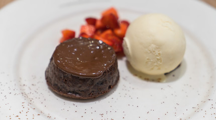 Chocolate lava cake with ice cream .