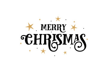 Winter card Merry Christmas. Beautiful greeting old retro calligraphy black text word gold stars. Hand drawn invitation design. Handwritten brush lettering white background isolated vector