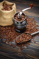 roasted coffee beans on wooden background