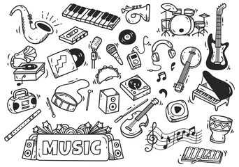 Fotobehang set of music instrument in doodle style © mhatzapa