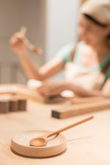 woman woodworking smile happily