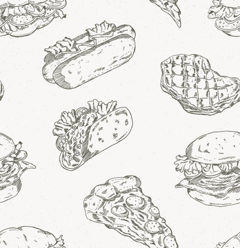 Hand drawn fast food seamless background