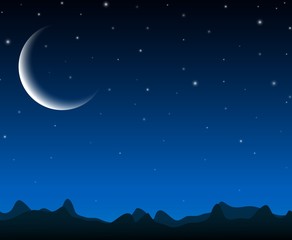 Night sky landscape with silhouette mountains and stars on the crescent moon