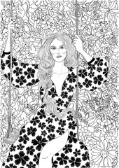 vector beautiful woman on a swing in the garden or on the meadow colorless line hand drawing - 131479553
