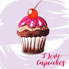 Hand drawn of tasty Cupcake. Watercolor vector illustration.