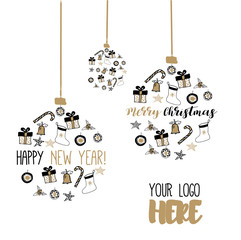 New Year and Merry Christmas ball. Gold, white, black design. Vector illustrations. Hand draw concept.