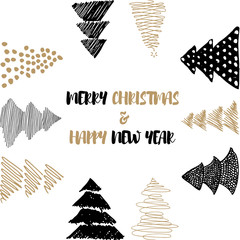 New Year and Merry Christmas postcard. Gold, white, black design. Vector illustrations. Hand draw concept.