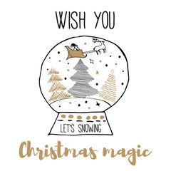 New Year and Merry Christmas postcard. Gold, white, black design. Vector illustrations. Hand draw concept.