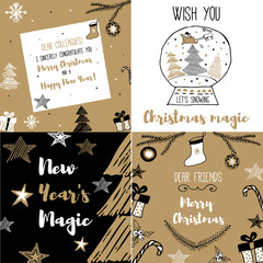 New Year and Merry Christmas postcard. Gold, white, black design. Vector illustrations. Hand draw concept.