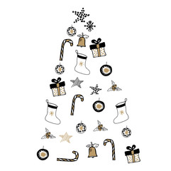 Christmas tree vector hand drawn illustration with gifts and bels. Happy new year. Gold, black, white design.