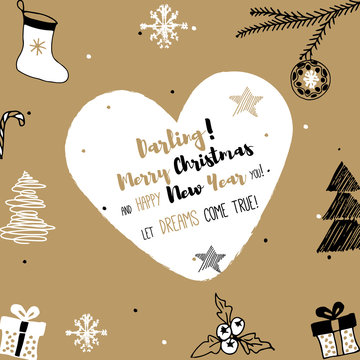 New Year and Merry Christmas postcard. Gold, white, black design. Vector illustrations. Hand draw concept.