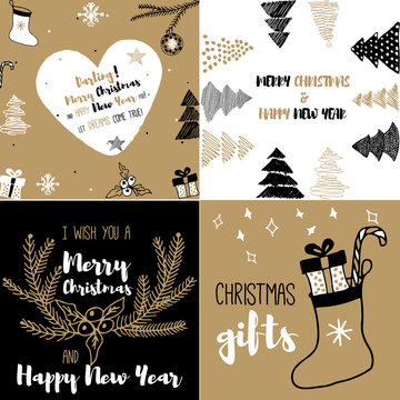 New Year and Merry Christmas postcard. Gold, white, black design. Vector illustrations. Hand draw concept.