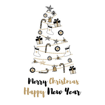 Christmas tree vector hand drawn illustration with gifts and bels. Happy new year. Gold, black, white design.