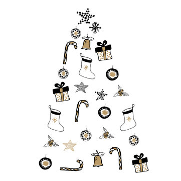 Christmas tree vector hand drawn illustration with gifts and bels. Happy new year. Gold, black, white design.