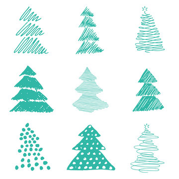 Tree Christmas illustration. Vector set. Hand draw concept