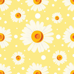 Pattern with white chamomiles and dots on yellow background.
