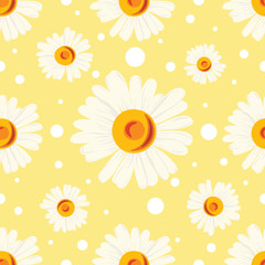Obraz premium Pattern with white chamomiles and dots on yellow background.