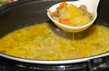 Appetizing soup with mushrooms cooked in slow cooker