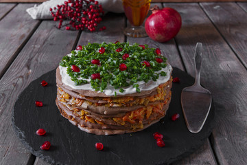 liver pie layer cake stuffed with carrots and onions