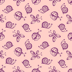 Seamless vector hand drawn seamless pattern with insect. Pink  background with ladybug, butterfly, snail Decorative cute graphic drawn illustration Template for background, wrapping, wallpaper