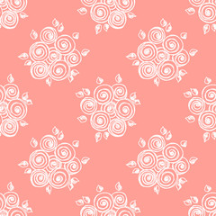 Fototapeta na wymiar Seamless vector hand drawn seamless floral pattern. Pink background with flowers, leaves. Decorative cute graphic drawn illustration. Template for background, wrapping, wallpaper.
