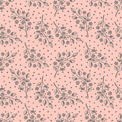 Seamless vector hand drawn seamless floral  pattern. Pink background with flowers, leaves, dots. Decorative cute graphic drawn illustration. Template for background, wrapping, wallpaper.