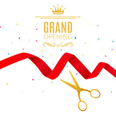 Grand Opening design template with ribbon and scissors. Grand open ribbon cut concept. - obrazy, fototapety, plakaty