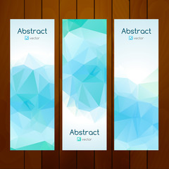 Vector aqua color triangle banners on wooden background. Business design banners